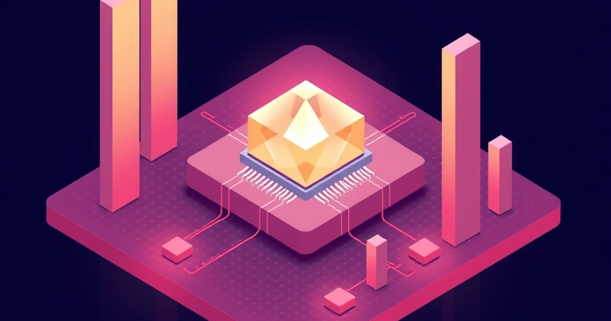 Flat isometric illustration of a glowing amber crystal on a chip set into a pink circuit board, with tall pink bar-chart columns rising behind it