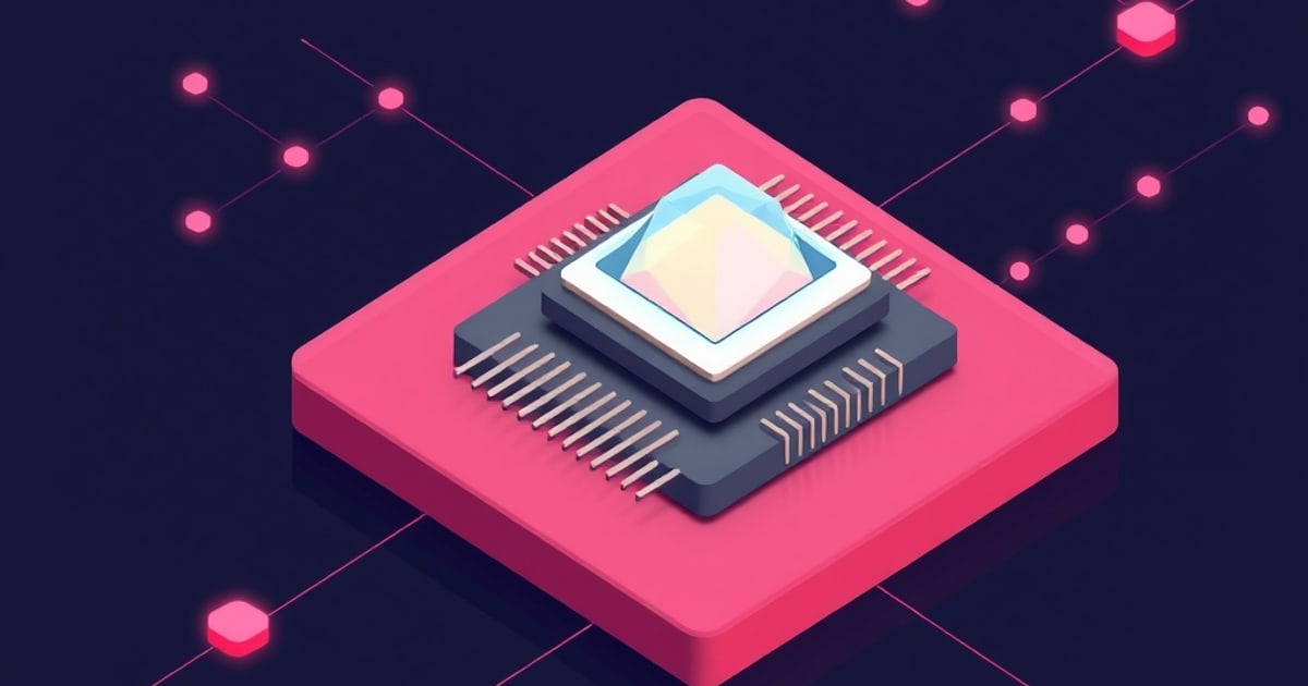 Flat isometric illustration of a black chip package with an iridescent pastel die on a pink board, pins along its edges and pink node lines around it