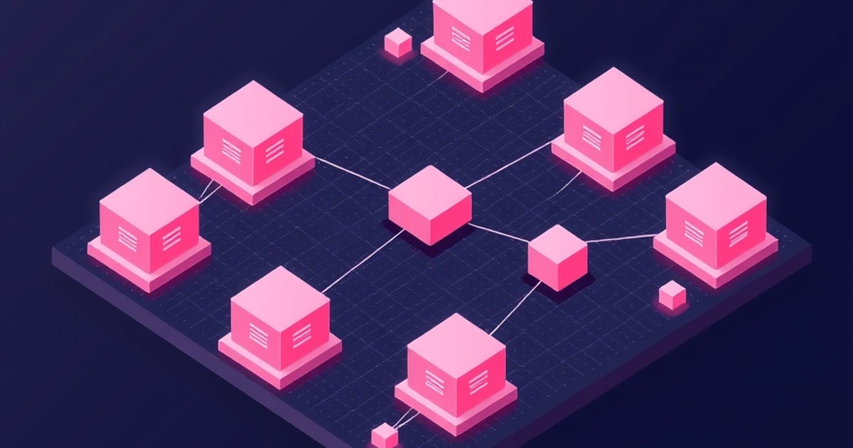 Flat isometric illustration of pink memory-module blocks linked across a dark board, sized like the VRAM pools a local model needs.