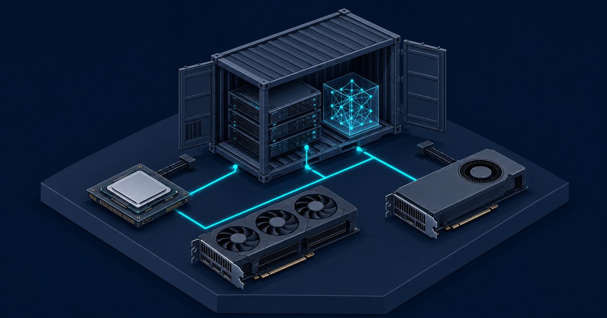 Isometric 3D scene of an open shipping container holding servers and a neural cube, linked by cyan lines to a CPU and two GPUs.