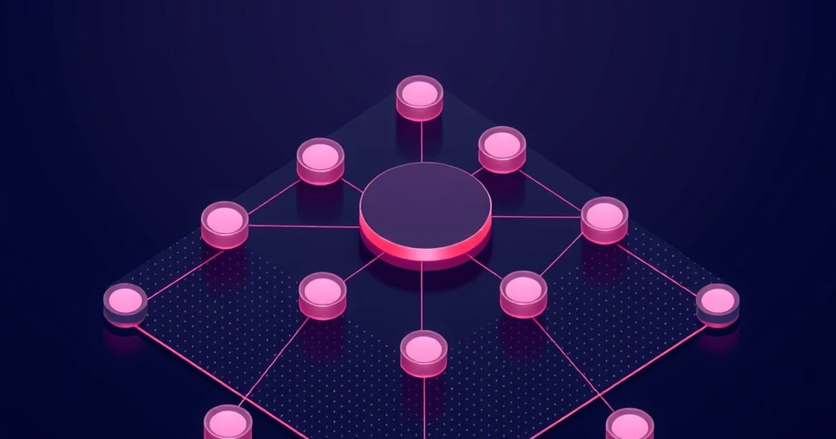 Isometric dark navy scene of a central disc hub wired by glowing pink lines to many small pink nodes on a dotted grid, evoking API clients calling a local model server