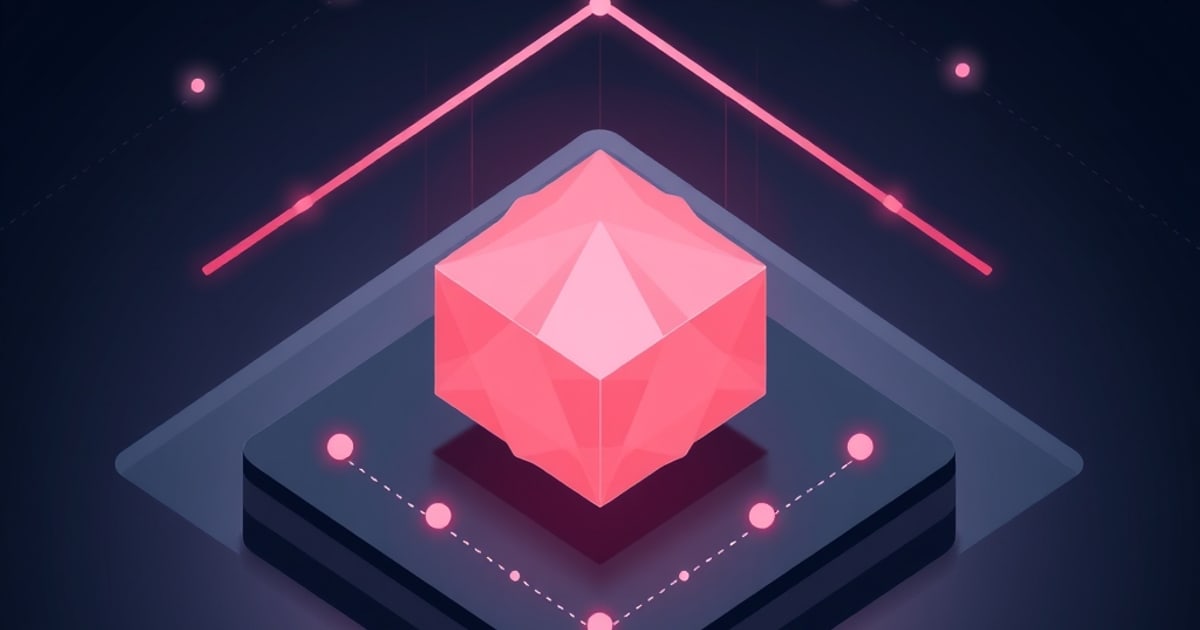 Flat isometric illustration of a faceted pink crystal cube on a dark slab under a glowing pink chevron, ringed by dotted lines and pink nodes