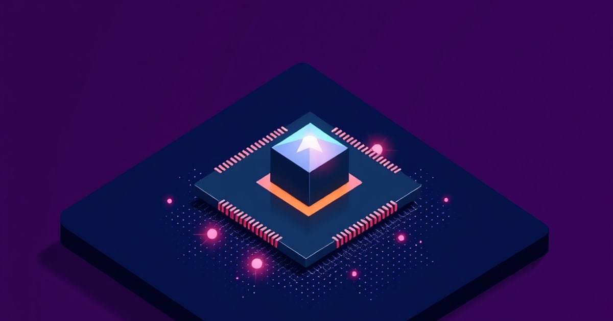 Flat isometric illustration of a dark chip package on a deep purple field, topped by a glowing blue crystal cube with an orange underglow and pink sparks