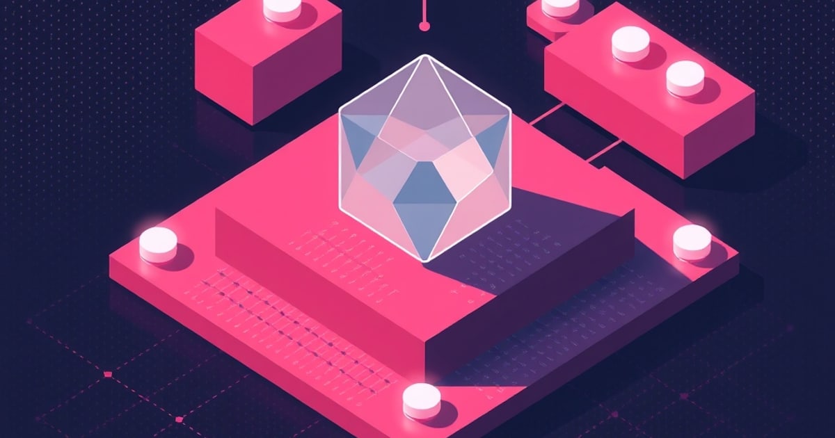 Flat isometric illustration of a translucent icosahedron on a hot pink circuit slab with white capacitor caps at the corners and pink blocks behind