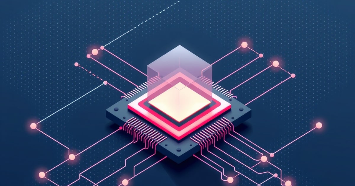 Flat isometric illustration of a glowing chip die inside a translucent cube, red-pink halo and circuit traces radiating out to lit nodes on dark blue